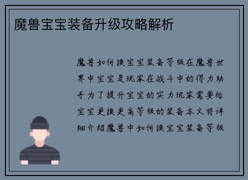 魔兽宝宝装备升级攻略解析